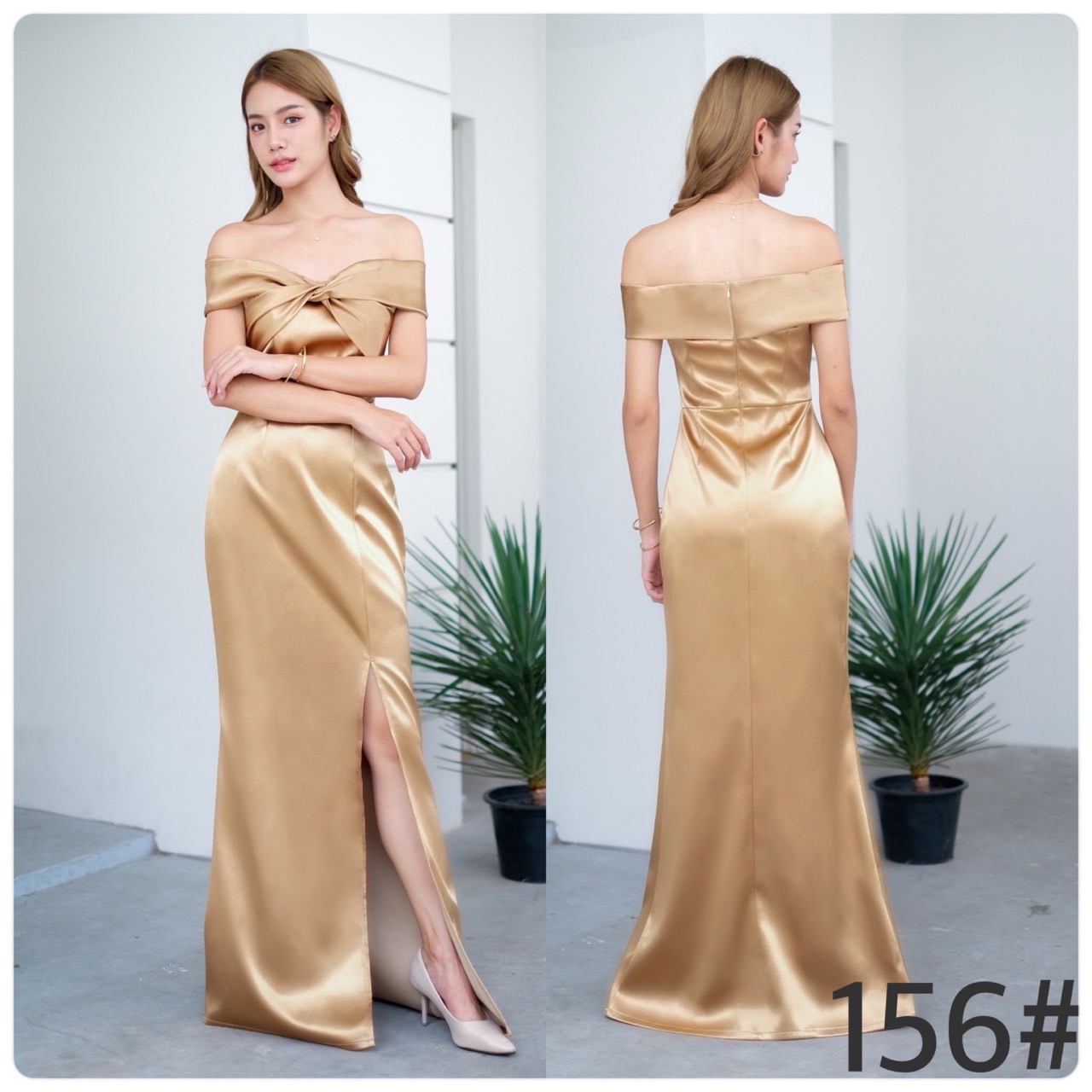 kudapy เดรสยาวเปิดไหล่ ปิดต้อนแขน สีฟ้า ,สีเขียวอมเทา ,สีขาว, สีทอง, สีชมพูกลีบบัว,สีแดง,สีเทา,สีทองโรสโกลด์ ไขว้ทวิชอก กระโปรงสอบ ซิปหลังใส่ง่าย ทรงยาวผ่าหน่า.