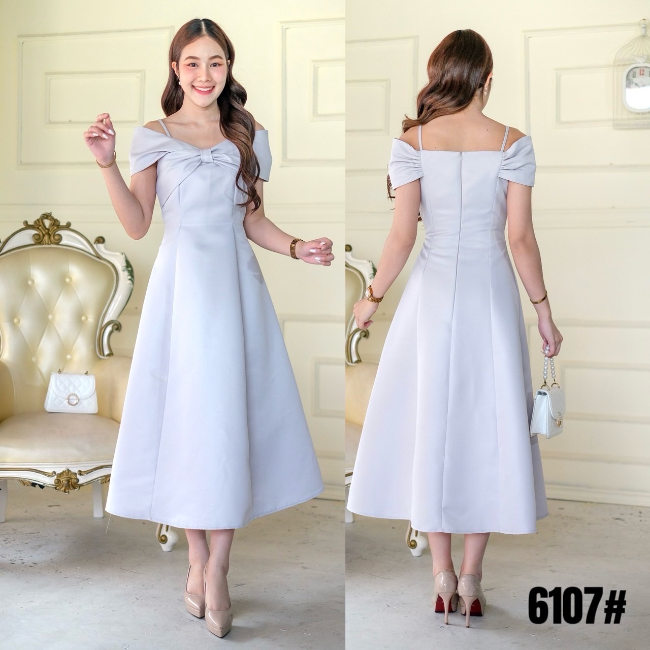 kudapy เดรสสั้นสีแดง/สีทอง/สีเทา ไหล่เดี่ยว กระโปรงทรงทิวลิป แต่งชายผ้าพริ้ว มีซับกระโปรงสั้นด้านใน