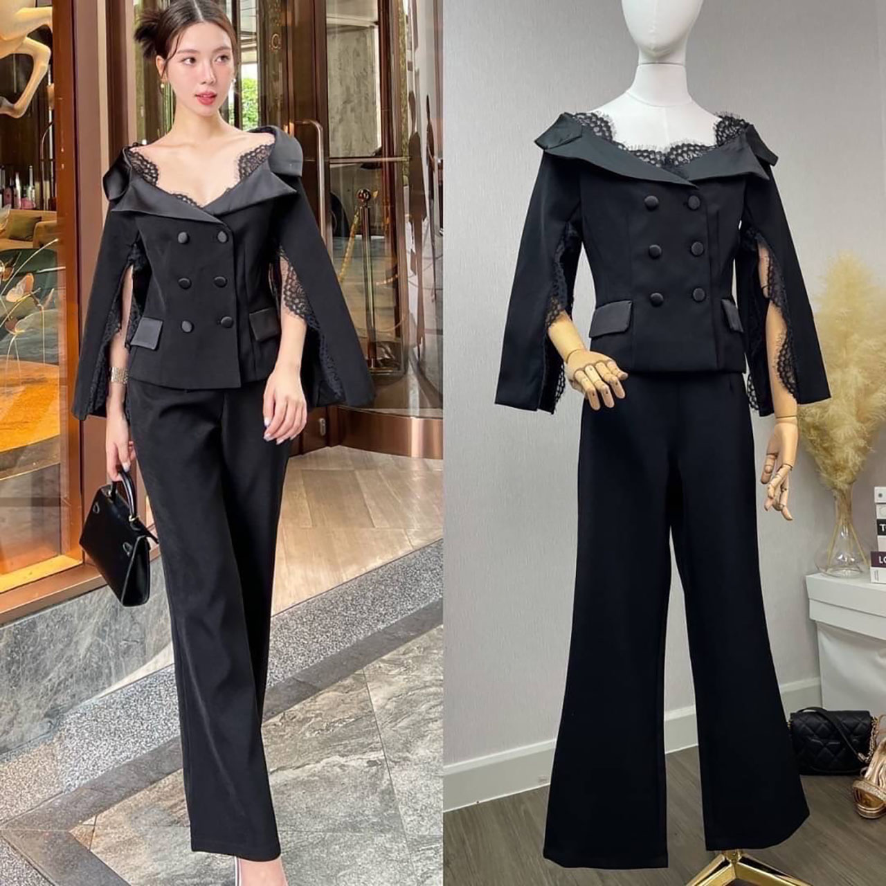 kudapy Setsuit สุดเท่ห์เสื้อสูทเปิดไหล่แต่งลูกไม้สีดำ เพิ่มความเกร๋ที่ปลายแขนเสื้อผ่าแขนลูกคัตติ้งเป้ะ กระเป๋าจริง