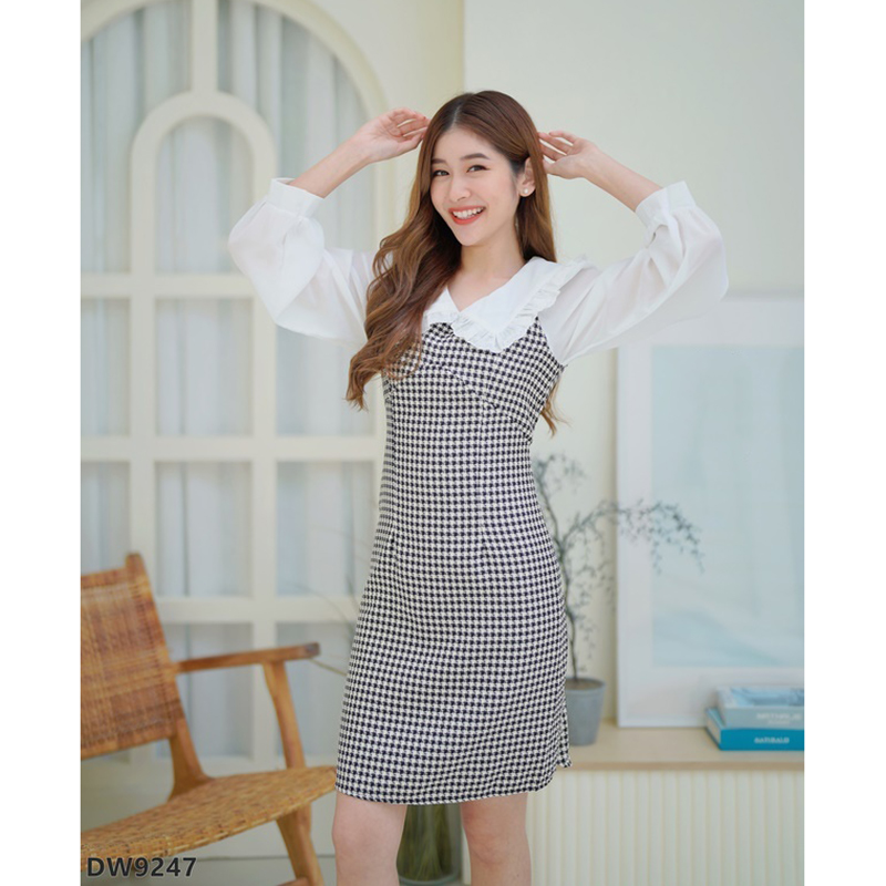 kudapy เดัส้นสีดำ/สีชมพู/สีน้ำตาล เดรสลายสก็อตแขนยาวคอปก