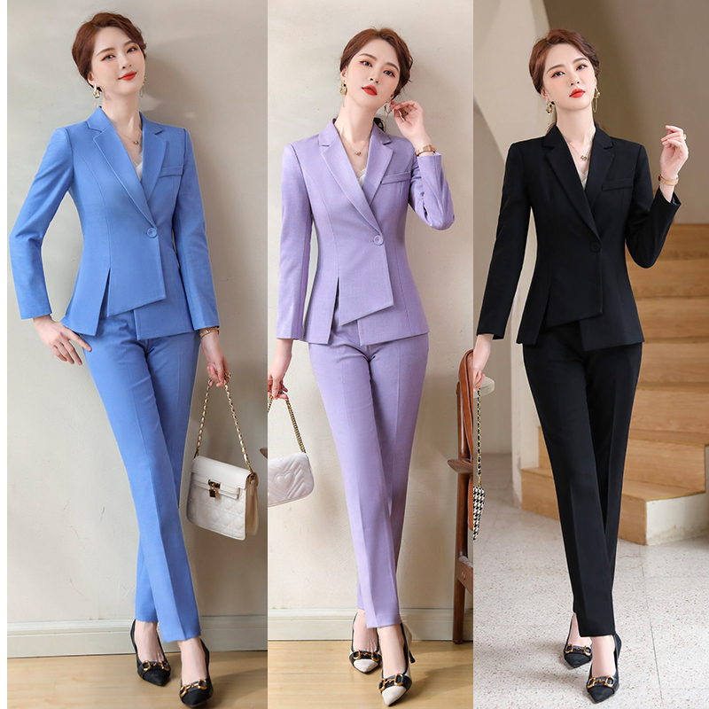 kudapy ชุดสูททำงานผู้หญิงสีฟ้า/สีม่วง/สีดำ ปกป้านแต่งกระดุมแขนยาวพร้อมกางเกง