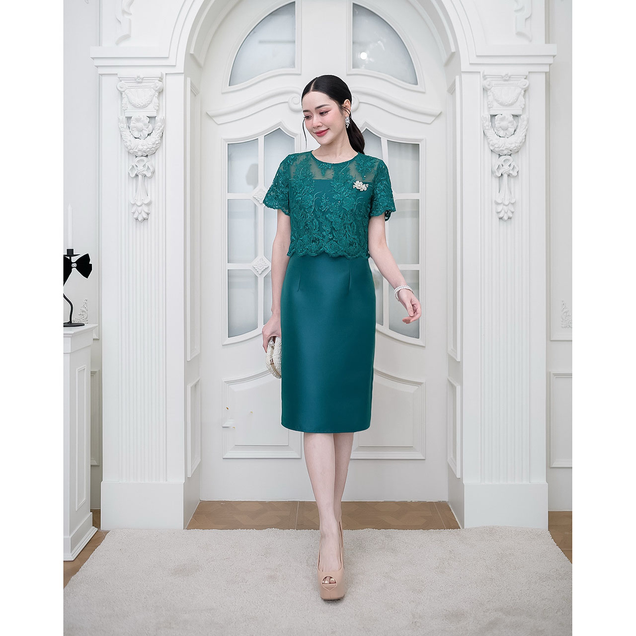 kudapy เดรสสั้นสีเขียว ผ้าไหม ผ้าลูกไม้ซีทรูผ้าเกรดพรีเมี่ยม ผ้าทอลายสวยมีเลื่อมวิบวับ มีซับใน ซิปด้านหลัง