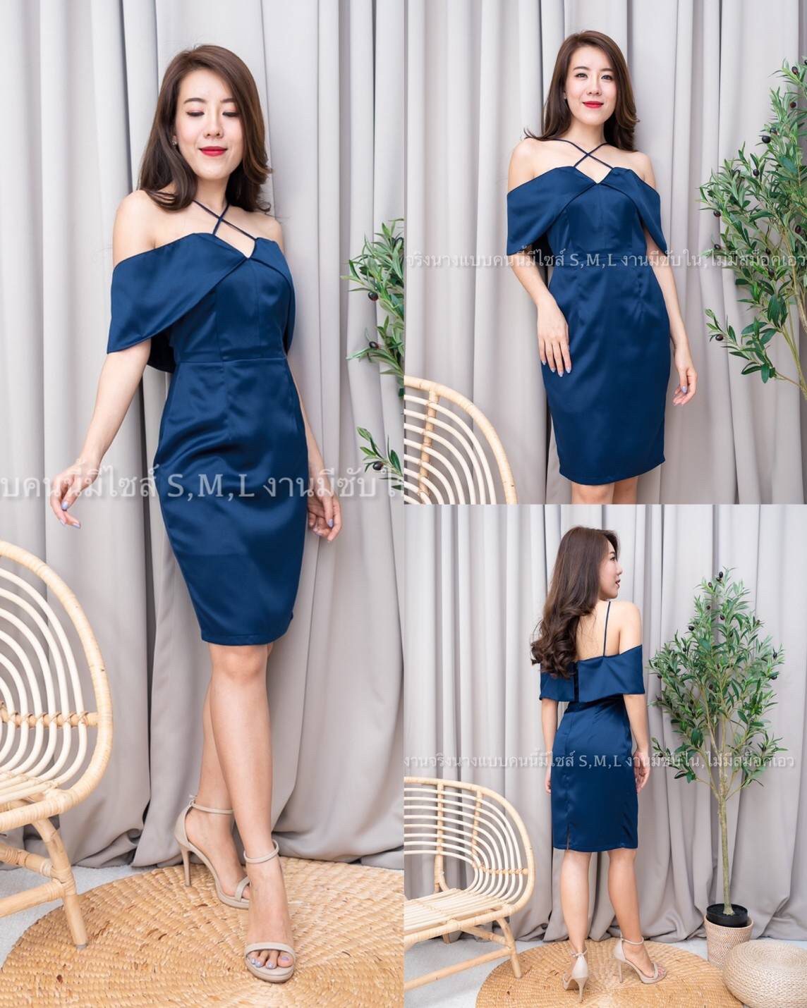 kudapy เดรสสั้นเปิดไหล่สายเดี่ยวไคว้คอ แต่งระบาย ผ้าซาร่าอย่างดี