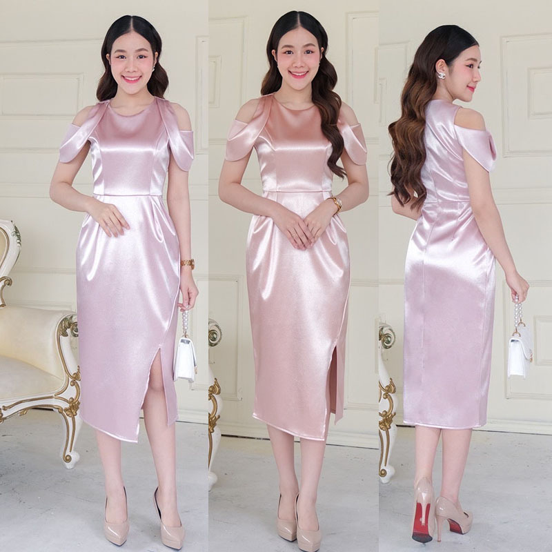 kudapy kudapy เดรสสั้นสีทองโรสโกลด์/สีชมพูพิ้งโกลด์ คอกลม แขนสั้น เว้าบ่า เกาหลีมากแม๊ คัตติ้งเริศแบบอลัง กระโปรงทรงทิวลิปผ่าข้าง