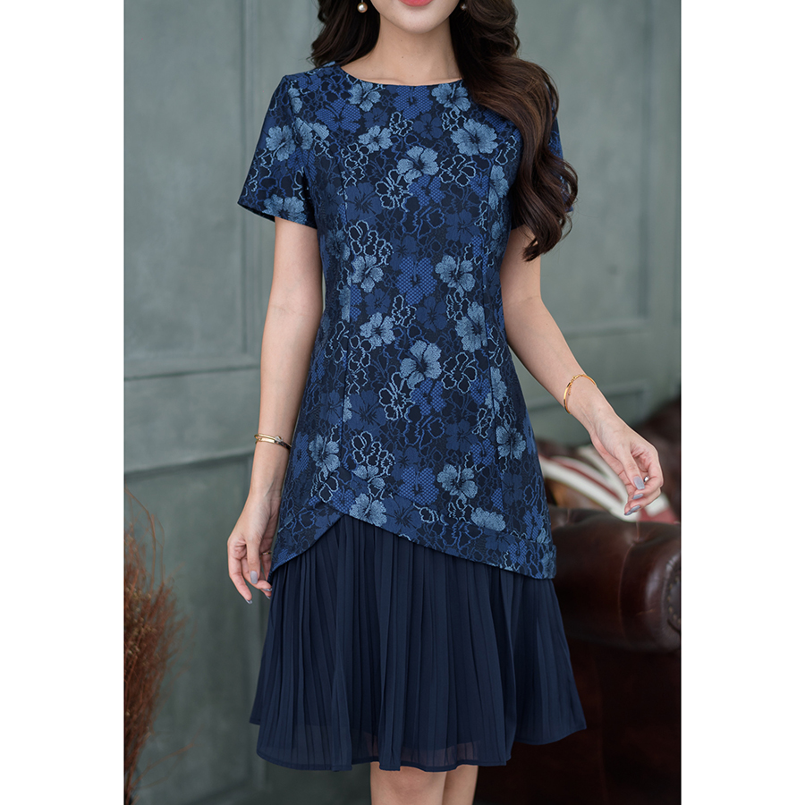 kudapy เดรสสั้นไปงานสีน้ำเงินกรมท่า,สีชมพูม่วง เดรสสั้นทรงระบาย แขนสั้น คอกลม เดรสลูกไม้ลายดอกงานซิบหลัง ผ้าสวยทิ้งตัว