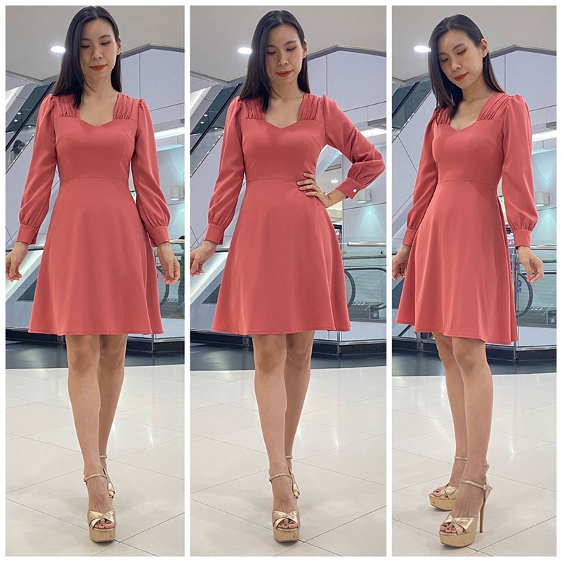 kudapy เดรสสั้นสีครีม ชมพู ชมพูพีช กรม เขียวมิ้นต์ แดง กระโปรงบาน พรางสะโพก ซิปหลัง ใส่ง่าย เนื้อผ้าเครปเกาหลี เย็นสบาย