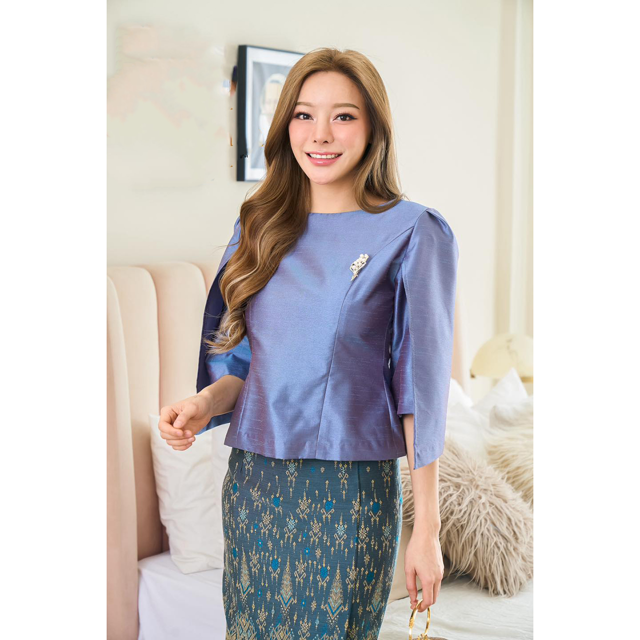 kudapy ชุดเซ็ท เสื้อผ้าไหมแพรทิพย์พรีเมี่ยมอัดกาวอย่างดี+ผ้าถุงตัดสำเร็จรูปทอลายอัดกาว