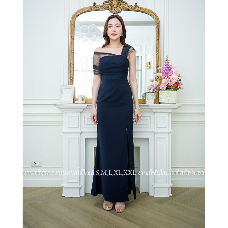 kudapy เดรสยาวสีแดง/สีกรม สไตล์เรียบหรูดูแพง ไหล่แต่งผ้าซีทรู กระโปรงยาวผ่าหน้า เหมาะสำหรับใส่เป็นชุดราตรี ชุดไปงานแต่งงาน ชุดเพื่อนเจ้าสาว