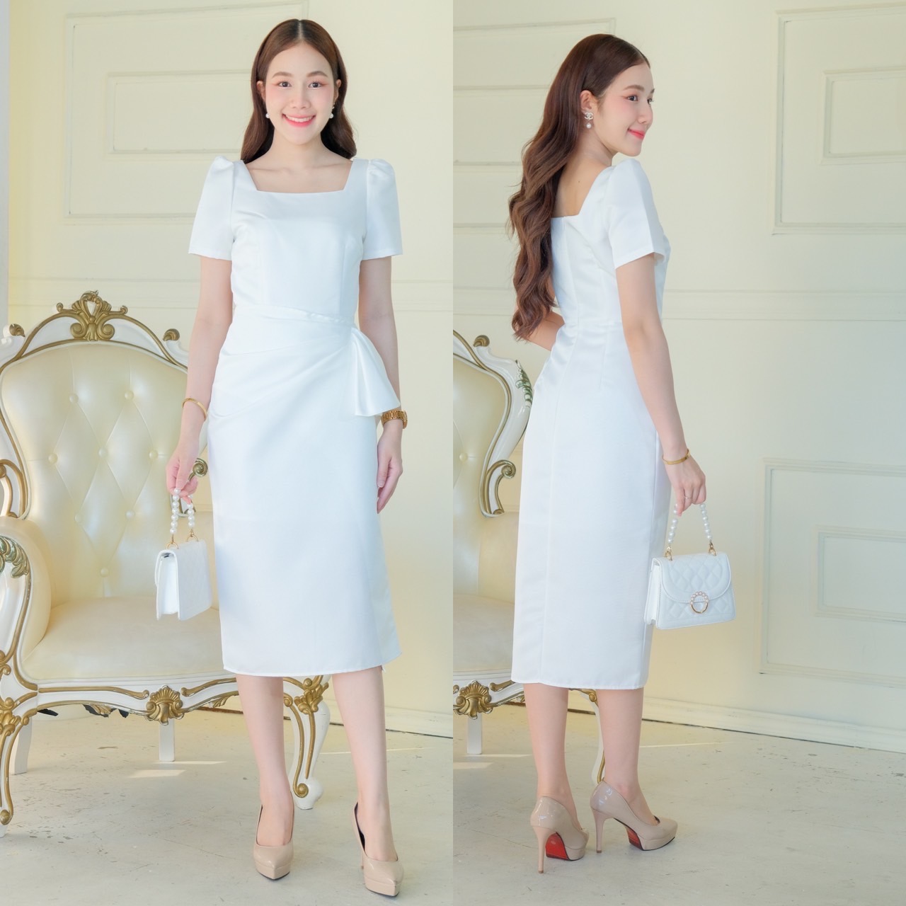 kudapy เดรสสั้นสีชมพูพาสเทล/สีทอง/สีเทา/สีข่าว/สีดำ/สีครีม คอเหลี่ยม แขนสั้น จีบยกบ่าตั้ง กระโปรงสอบจับจีบข้างสะโพก ผ่าข้าง