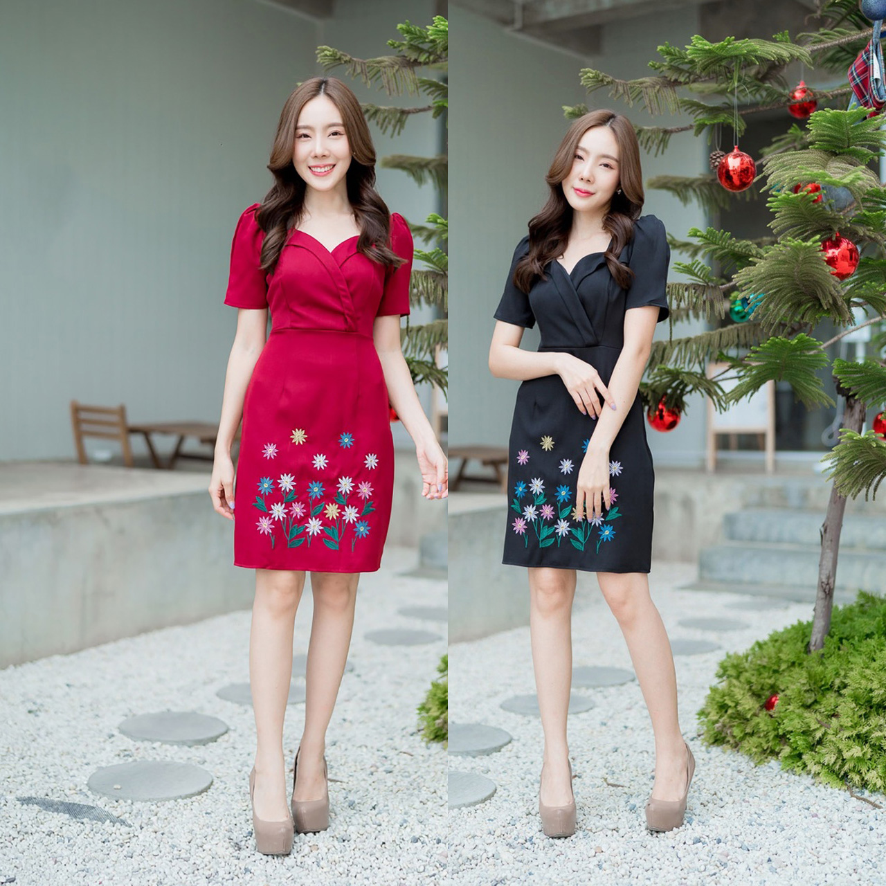 kudapy เดรสสั้นสีแดง/สีดำ เดรสสั้นคอวีเว้าอกกระโปรงปักดอกไม้