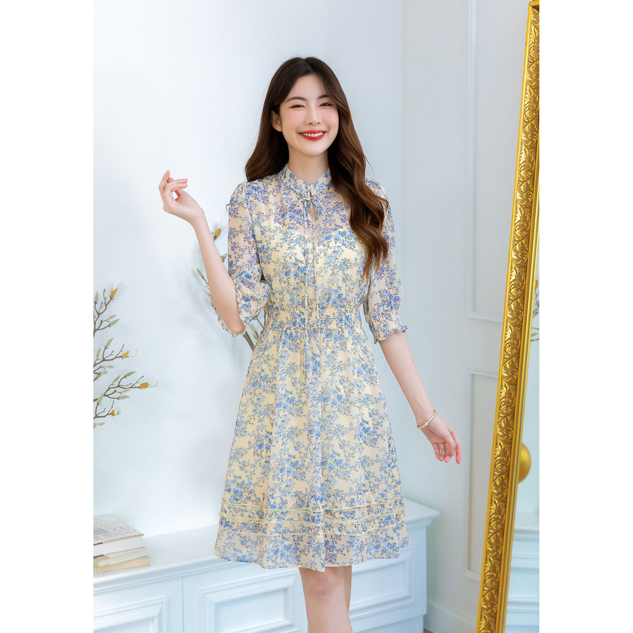 kudapy เดรสชีฟองลายดอก สวยพริ้ว ดีเทลชุดสวย มีลูกเล่นช่วงชายกระโปรง เย็บแต่งจับจีบสามเลเยอร์