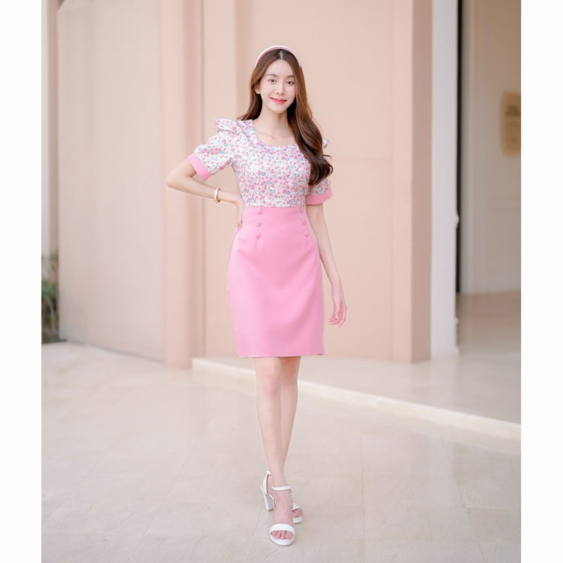 kudapy เดรสสั้นสีม่วง/สีชมพู/สีคราม แขนสั้นลายดอกมีกระดุม