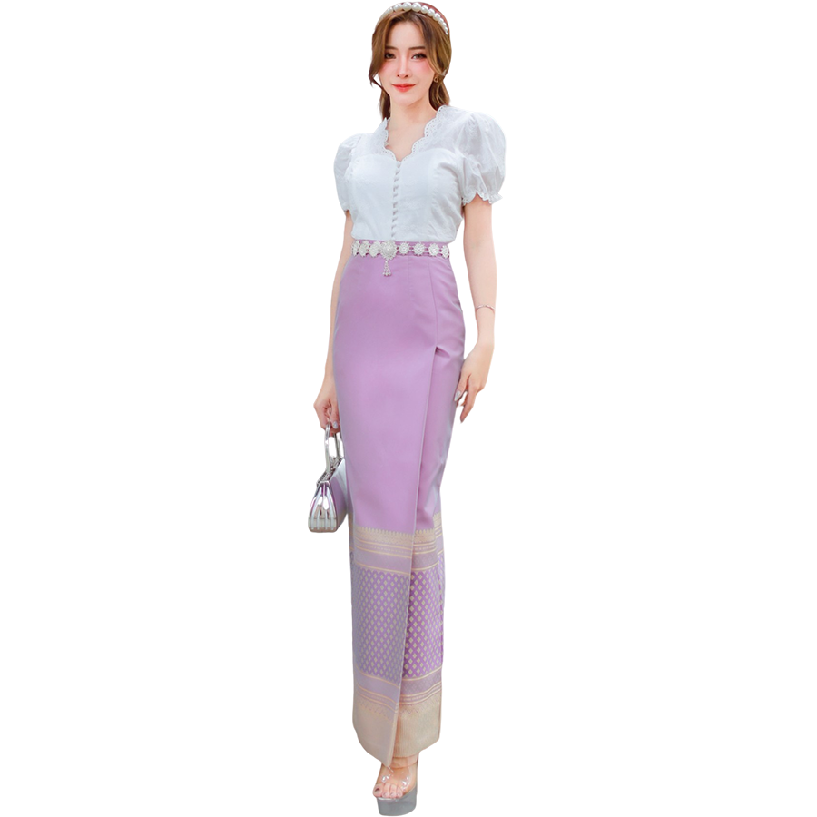 kudapy เสื้อลูกไม้ฉลุสีขาว+ผ้าถุงทอลายสีฟ้า สีชมพู สีกรมท่า งานสวยเข้ารูป ผ้าสวยเนื้อดี ใส่สบาย