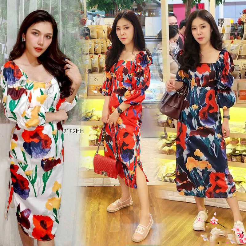 kudapy เดรสยาวสีขาว/สีแดง/สีกรม ผ้าพิมพ์ลายดอกไม้ ผ้าญี่ปุ่นเนื้อผ้าหนากำลังดีใส่เย็นสบาย ลื่นๆ