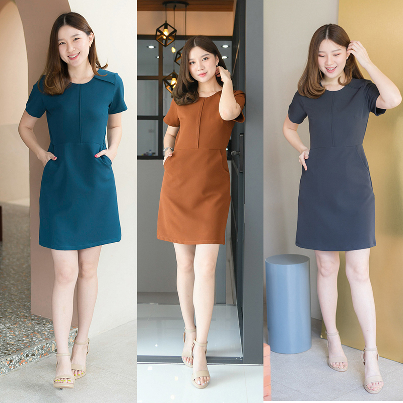 kudapy เดรสสั้นสีเขียวน้ำทะเล/สีน้ำตาล/สีเทาเข้ม มีซับในทั้งตัว ใส่สบายสวยดูดี