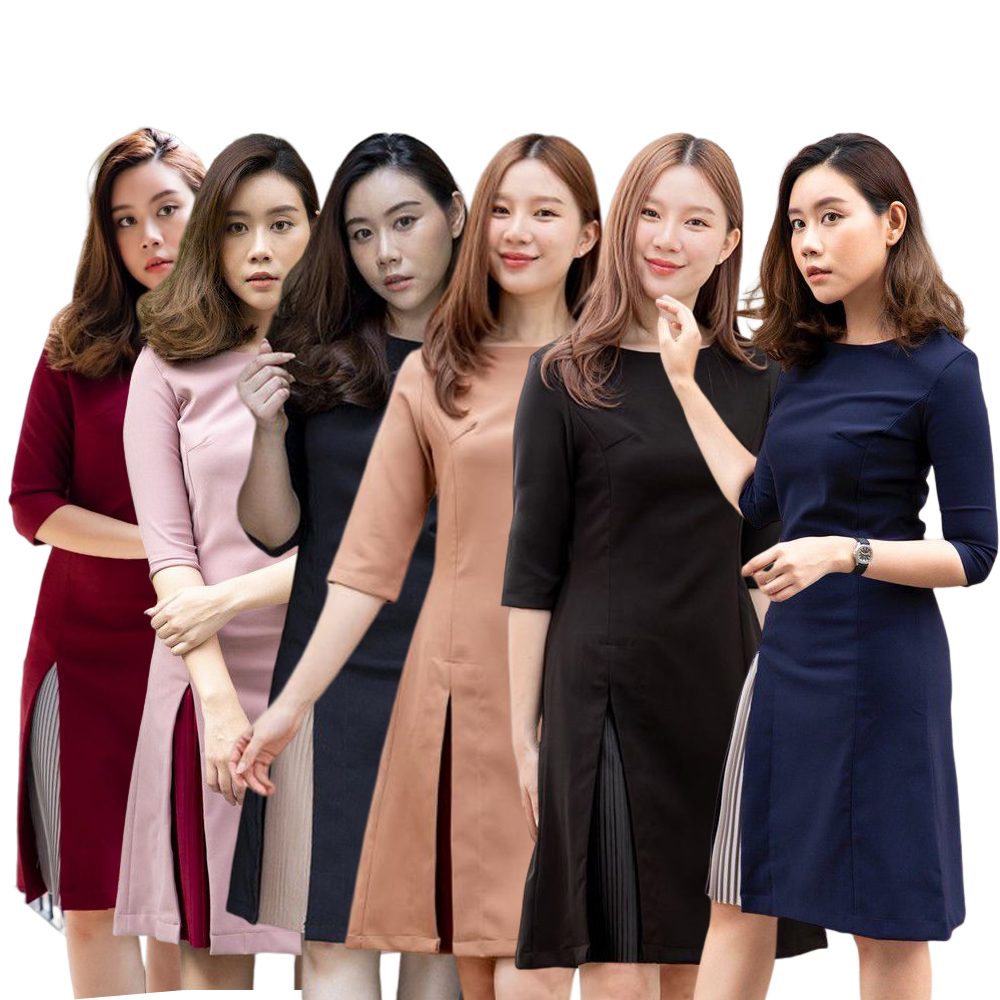 kudapy เดรสสั้นแขนห้าส่วนสีชมพูกะปิ,สีกรม,สีแดง,สีดำ,สีเบจ,สีดำ ทรงคอปาด ผ้ายืดโพลีเอสเตอร์เนื้อดี มีน้ำหนัก ผ้ามีความยืดหยุ่นกระโปรงทรง A เล่นดีไซน์ผ่าหน้าด้านขวา
