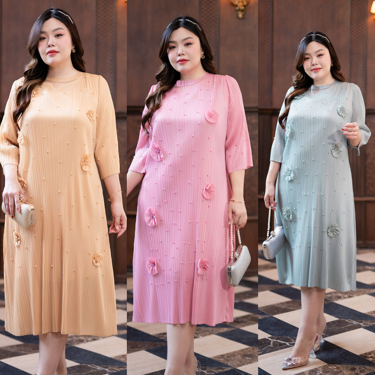 kudapy เดรสยาว อัดพลีท คอปก(พลีทไม่แตก)ตรงชุดคอตอกมุกอย่างดี