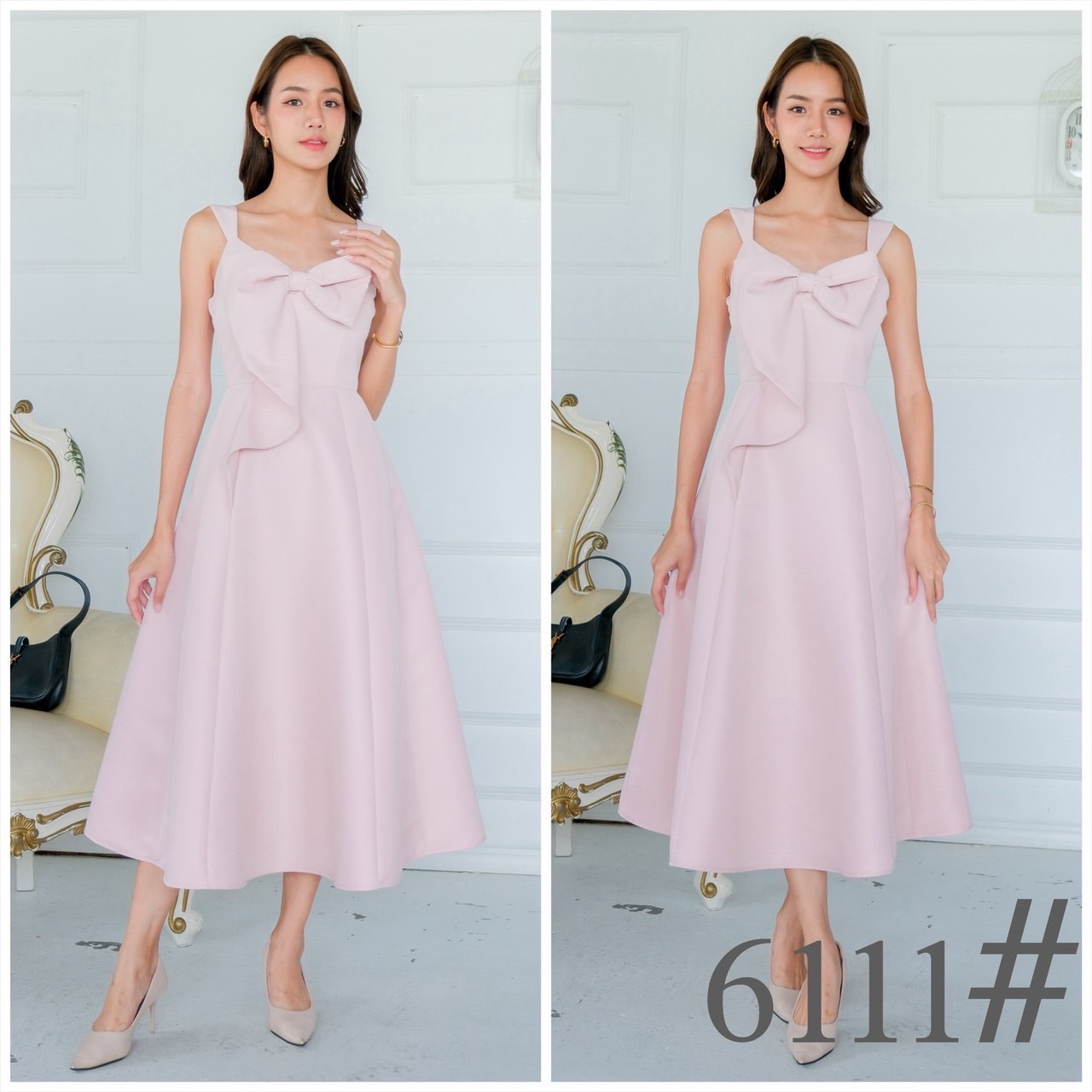 kudapy เดรสยาว แขนกุด อกโบว์ เกาหลี กระโปรงบาน มีกระเป๋าข้าง