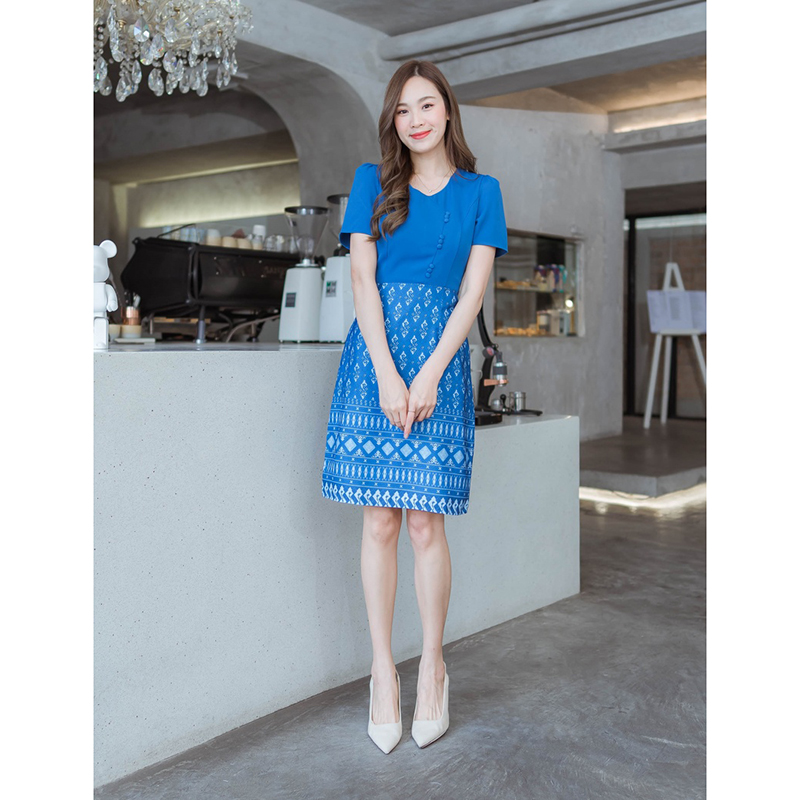 kudapy เดรสสั้นน้ำตาล/สีชมพู/สีฟ้า กระโปรงผ้าไทยท่อนบนสีพื้นแต่งกระดุม