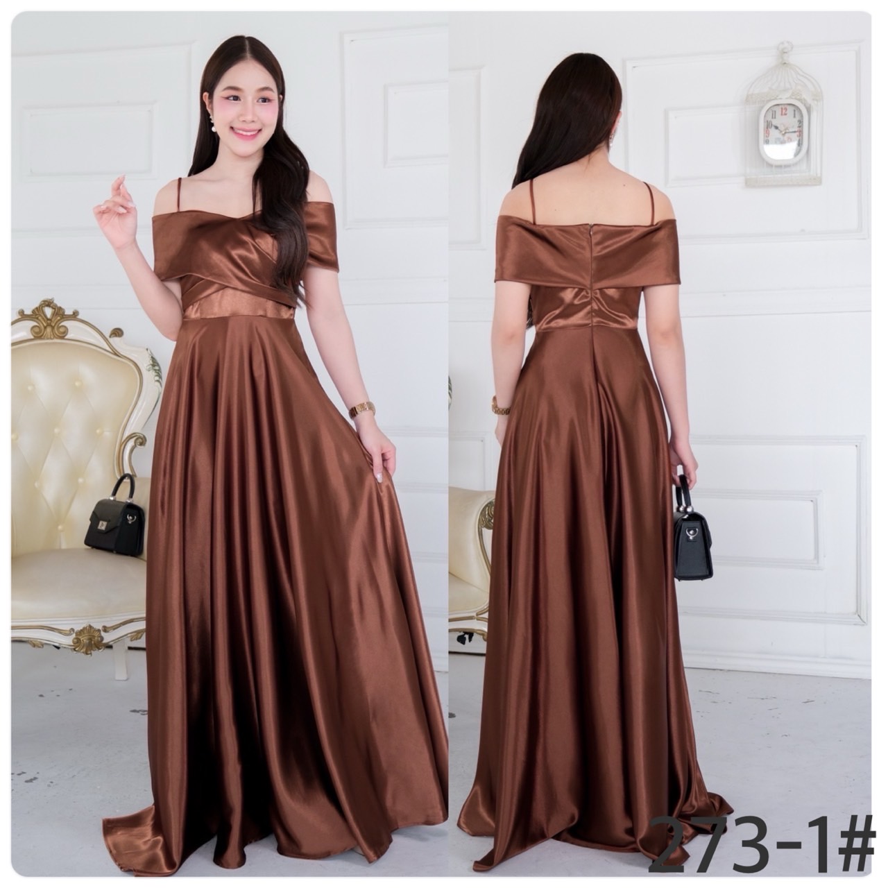 kudapy เดรสยาว เปิดบ่า สายเดี่ยวอกไขว้ กระโปรงบานเจ้าหญิง ผ้าซาติน ใส่ออกงานสวยดูดี