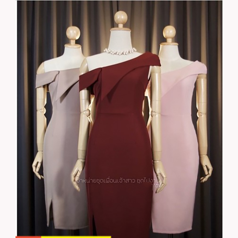 kudapy เดรสสั้นสีกรม/สีแดง/สีชมพู ทรงสอบ ใส่ได้ 2 แบบ พับบ่าดีไซส์อกแหลม