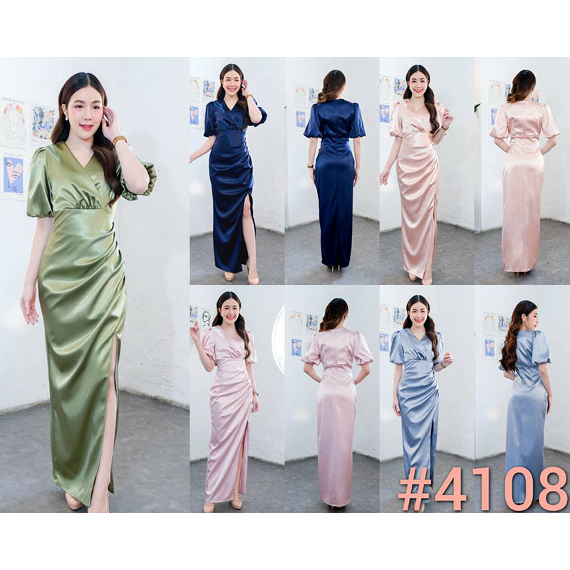 kudapy เดรสยาวสีกรมท่า/สีโรสโกลด์/สีพิ้งค์โกลด์/สีฟ้า/สีเขียวเบจ เนื้อผ้า ดัชเชสอัดกาว เงาสว คอวี แขนสั้น ใส่ออกงานสวยดูดี