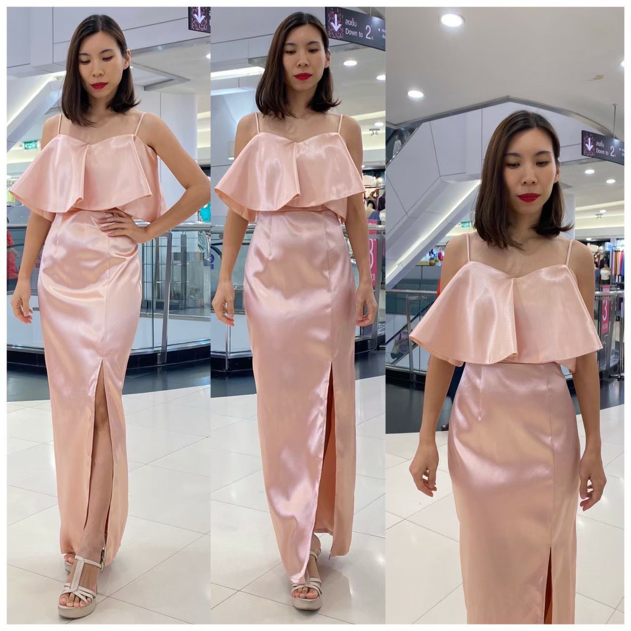 kudapy เดรสยาวออกงาน สายเดี่ยว เปิดบ่าระบาย พรางอก จะสาวอกเล็กหรืออกใหญ่ใส่สวย กระโปรงผ่าหน้า เนื้อผ้าดัขเชสอัดกาว สวยเงา วาวอยู่ทรง