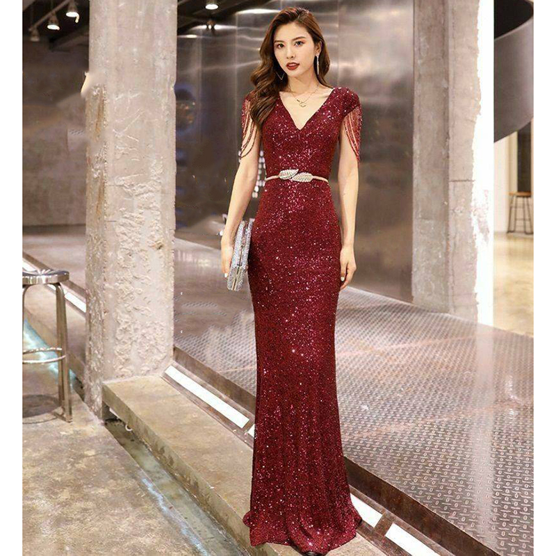 kudapy ชุดราตรียาวทรงหางปลา ผ้าปักเลื่อมสีแดง/สีครีมทอง แม๊กซี่ปักเลื่อม+เข็มขัด เลื่อมประกายแวววาวระยิบระยับสวยหรูดูแพง