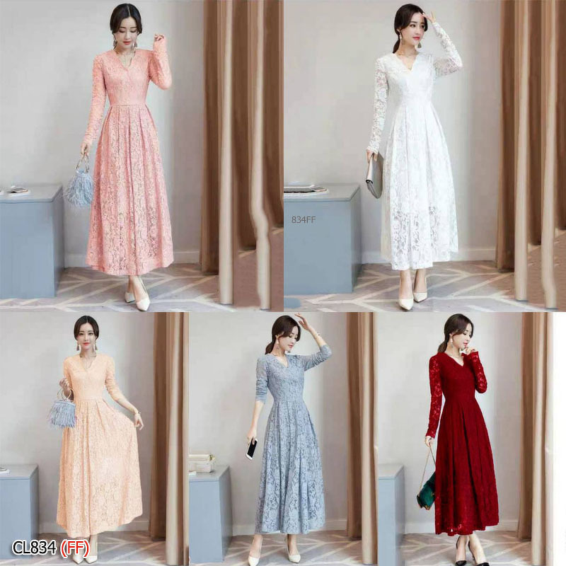 kudapy เดรสยาวสีเทา/สีขาว/สีโอรส/สีแดงเลือดหมู ลูกไม้แขนศอก คอวีป้ายหน้า (ช่วงบนไม่มีซับใน)งานลูกไม้ลายสวยหรู เย็บบุซับในช่วงกระโปรงอย่างดี