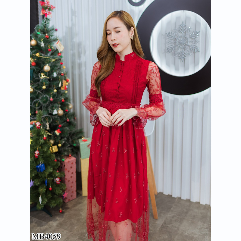 kudapy เดรสยาวสีแดง/สีชมพู/สีขาว คอจีนแขนลูกไม้ซีทรู สวยดูดีน่าารัก