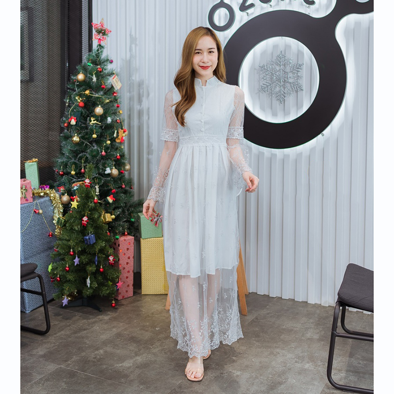 kudapy เดรสยาวสีแดง/สีชมพู/สีขาว คอจีนแขนลูกไม้ซีทรู สวยดูดีน่าารัก