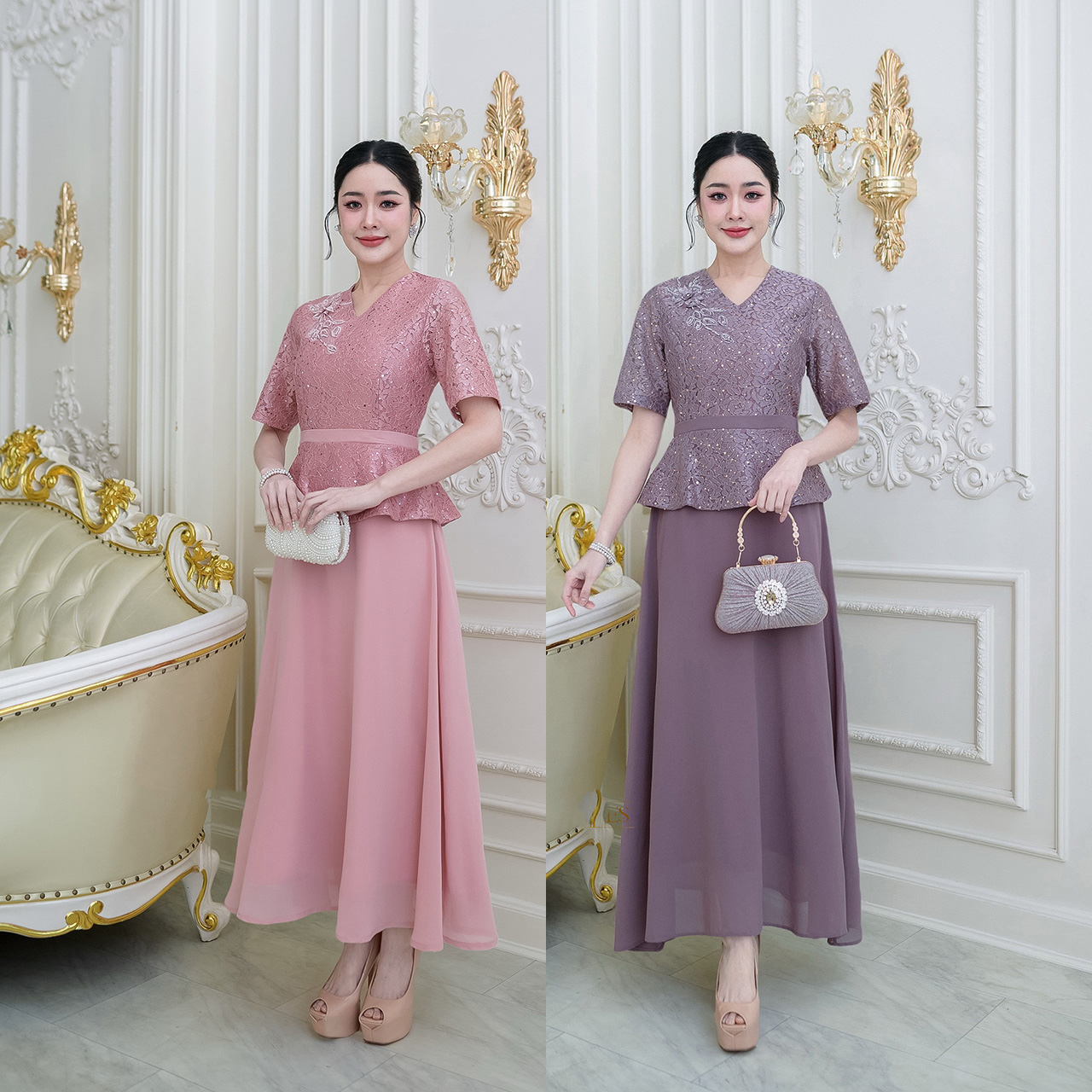 kudapy เดรสยาวทรงสวยสุภาพ ด้านบนเป็นผ้าลูกไม้ลายกุหลาบอัดกาวสวยมากแถมมีแต่งกลิตเตอร์ แต่งดอกไม้ช่วงไหล่