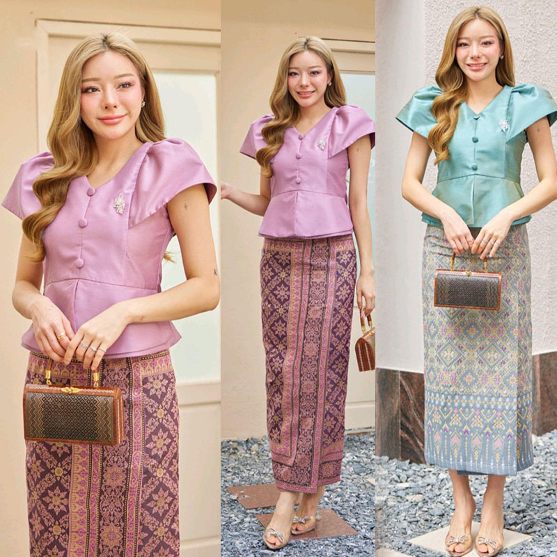 kudapy ชุดเซต 2 ชิ้น เสื้อสีม่วงอมชมพู/สีเขียว เนื้อผ้าไหมแพรทิพย์สุดหรู ติดกระดุมหลอกให้ดูสวยเพิ่มขึ้น เสื้อซิปหลัง อัดรีดกาวทั้งตัว