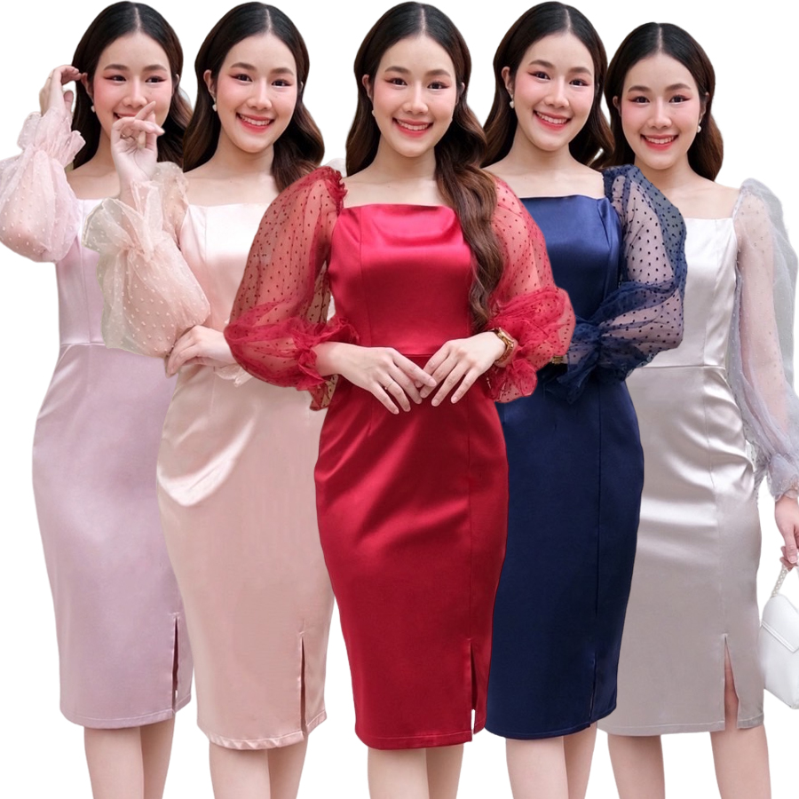 kudapy เดรสผ้าดัชเชสคอเหลี่ยมแขนยาว สีชมพูโรสโกลด์,สีแดงสด,สีชมพูกลีบบัว,สีน้ำเงินกรมท่า,สีเทาเงิน ผ้าอัดกาว แต่งแขนพองผ่าแก้วลายจุดซีทรู
