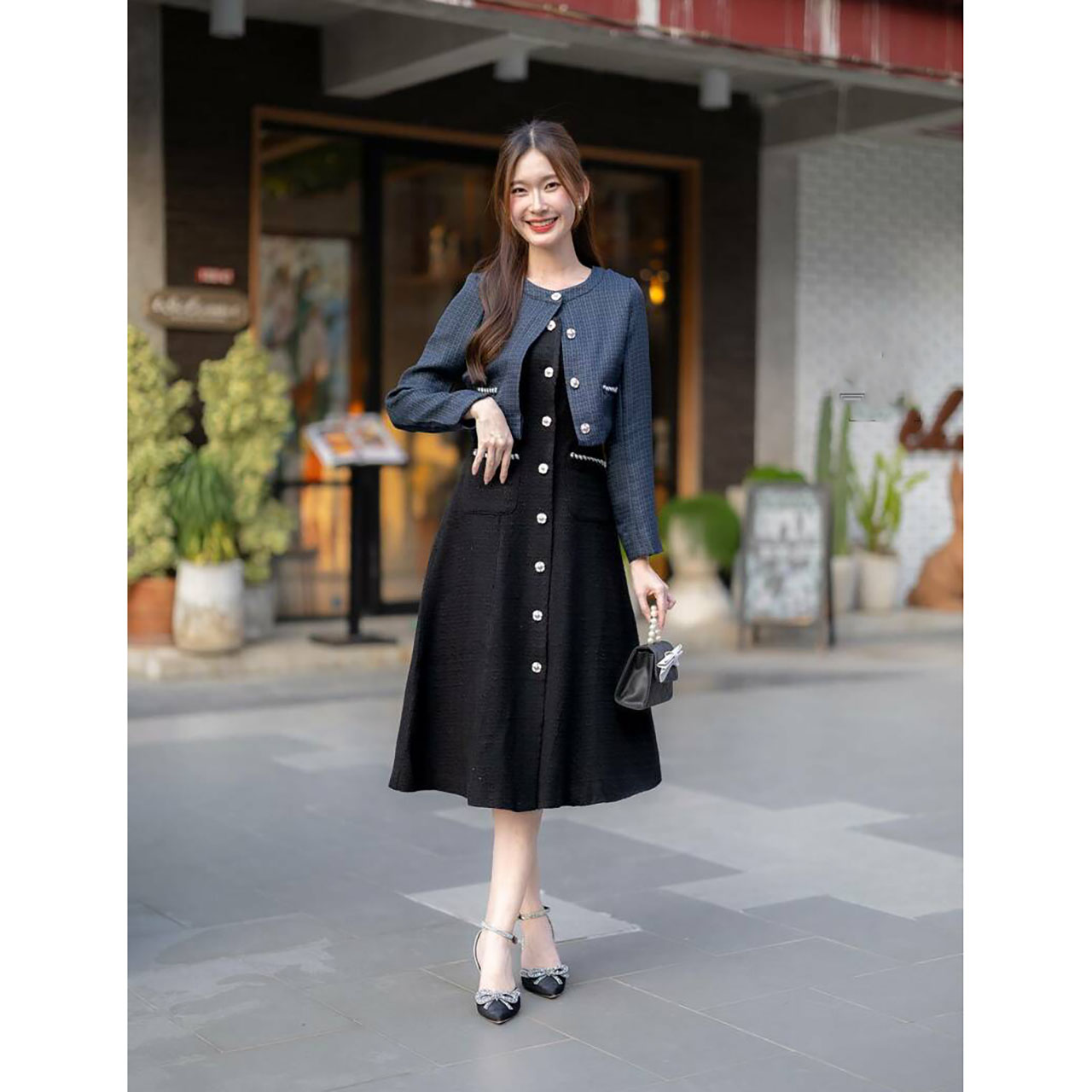 kudapy เซ็ทออกงานผ้าทวิต+เสื้อคลุมสีขาว/สีแดง/สีดำ