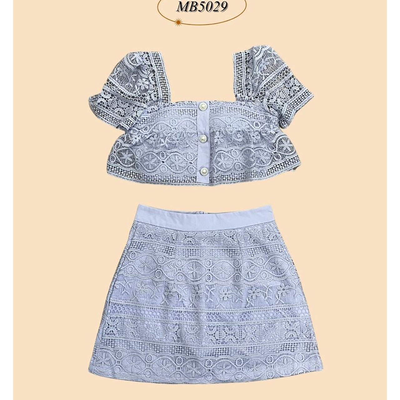 kudapy ชุด Set เสื้อ Crop กระโปรงสั้นสไตล์เกาหลีเกาใจ ดีเทลงานผ้าปักแขนระบายงานซิปหลัง