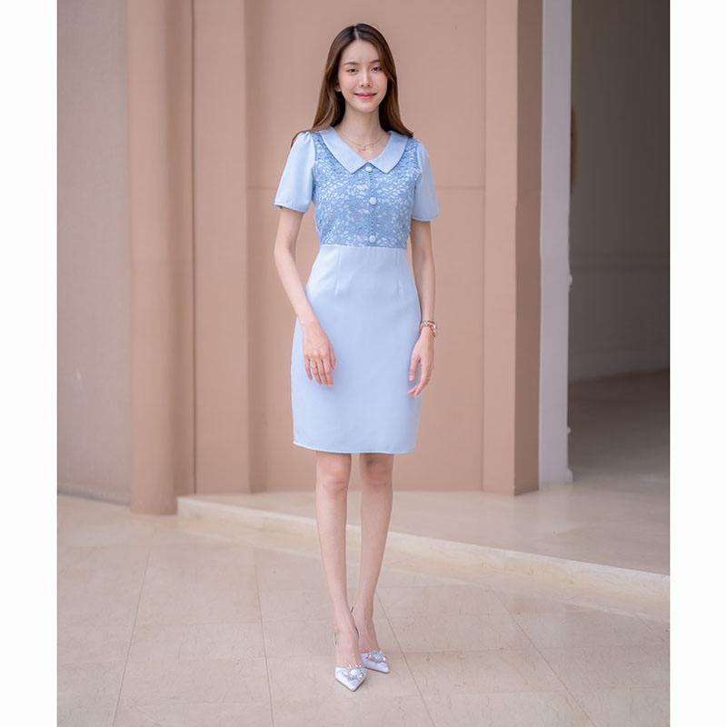 kudapy เดรสสั้นสีชมพู/สีฟ้า ผ้าทออกลูกไม้ ใส่ออกงานสวยดูดี น่ารัก