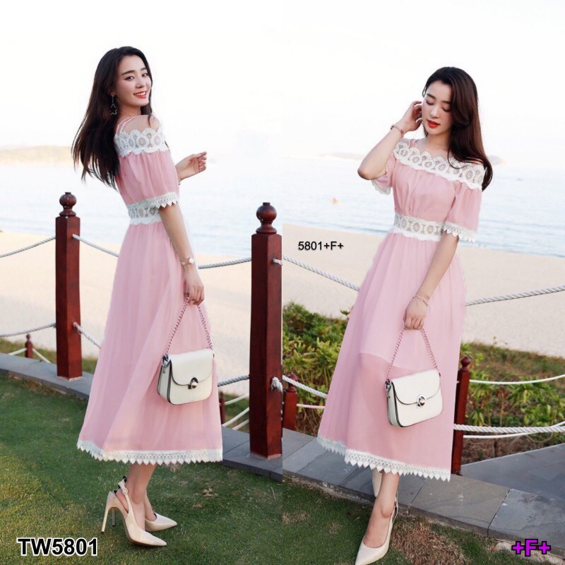 kudapy เดรสตัวยาวสีขาว ชมพู ดำ แดง เหลือง สายเดี่ยว2เส้น ดีไซน์ปาดไหล่ ผ้าชีฟอง ปาดไหล่ลูกไม้ถักทออย่างละเอียด