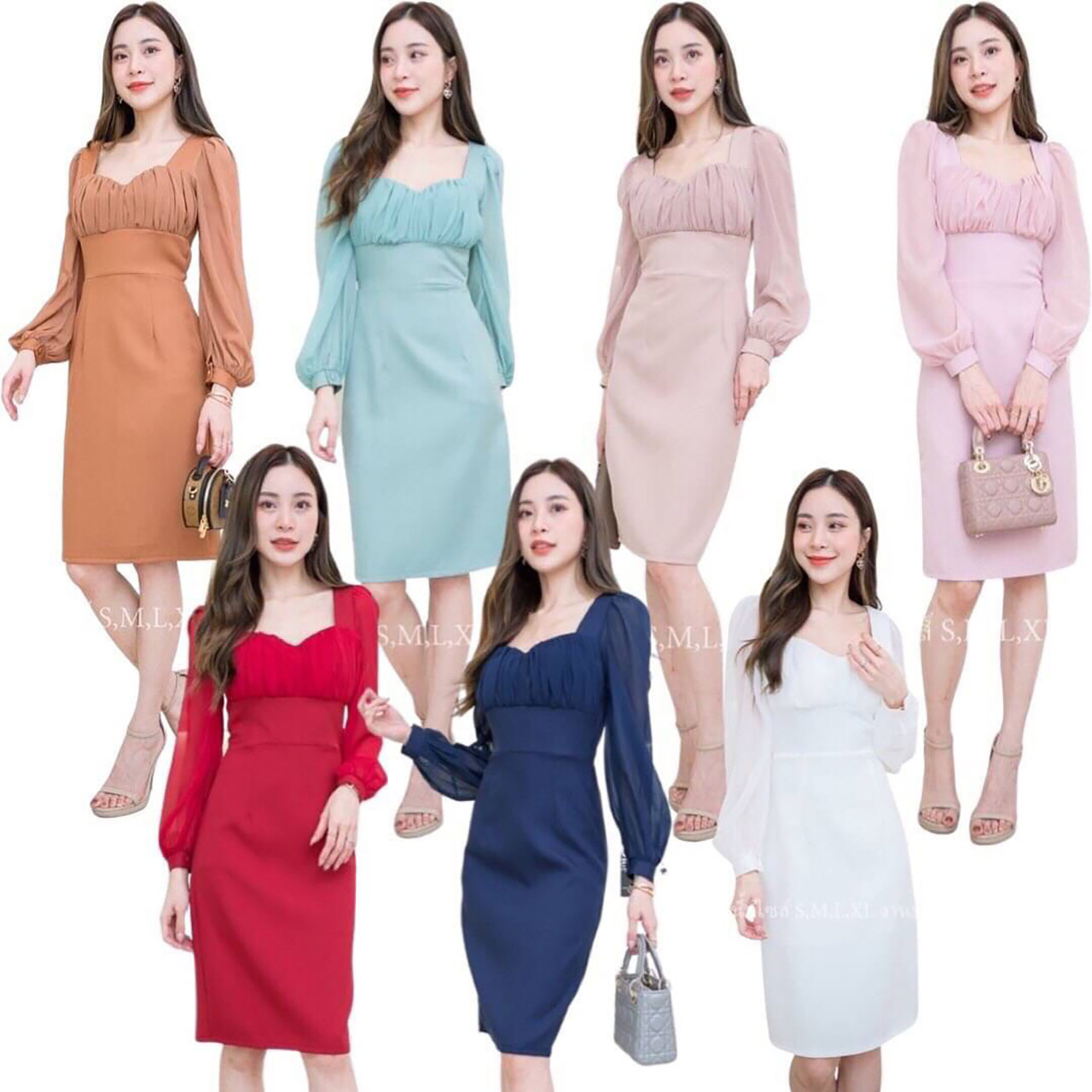 kudapy เดรสสั้นสีแดงไวน์/สีขาว/สีชมพู/สีโอวัลติน/สีน้ำตาลอิฐ/สีกรม/สีเขียวมิ้นท์ แขนยาวชีฟอง ผ้ามอสเครปหนา