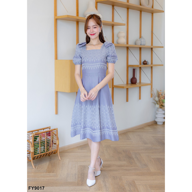 kudapy เดรสสั้นสีเทา/สีส้ม ทรงบานแต่งโบว์ไหล่ 2 ชั้น