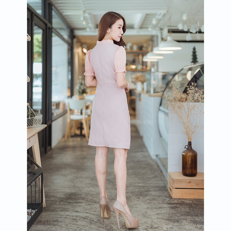 kudapy เดรสสั้นคอวีทรงเอสีม่วง/สีครีม/สีชมพู แขนบาร์บี้คอวีใส่สบาย สวยดูดี
