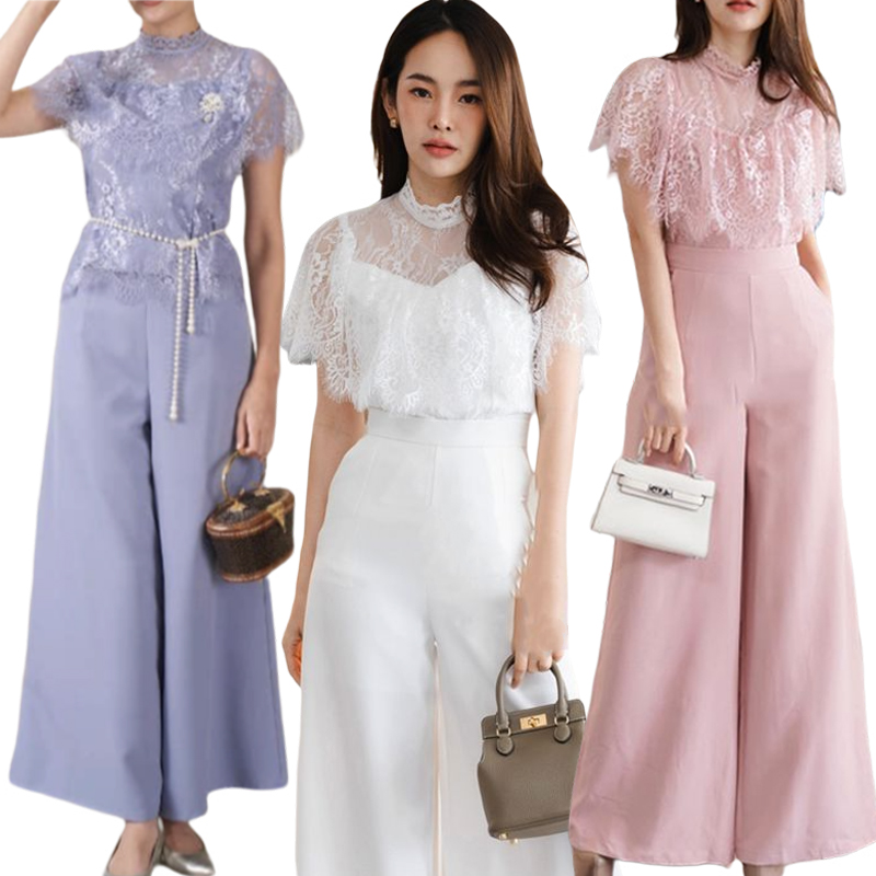 kudapy เซท 2ชิ้น เสื้อลูกไม้+กางเกงขายาว สีขาว/สีชมพู/สีฟ้าเทา/สีทอง แต่งระบายอก