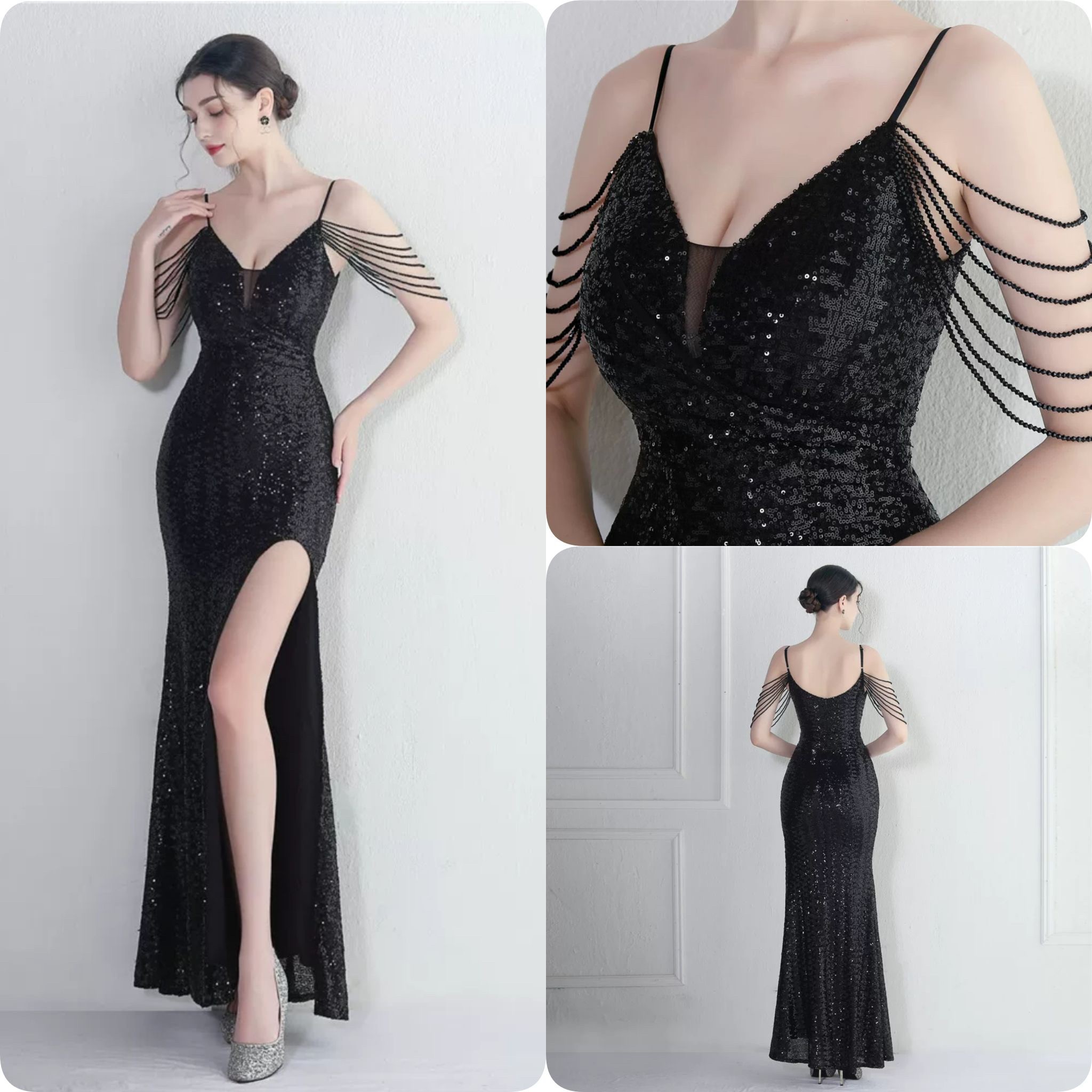 kudapy ชุดราตรียาวสายเดี่ยวปักเพชรสีทองโรสโกลด์,สีเขียว,สีแดงเบอร์กันดี้ ผ่าหน้า ผ้ากริสเตอร์ ยืดตามตัว