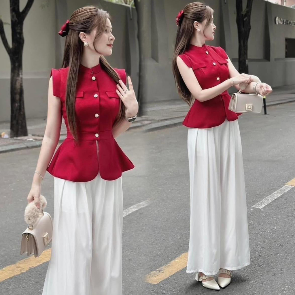 kudapy เซท 2ชิ้น เสื้อสีแดงแขนกุด ผ้าทวิต+กางเกงสีขาวขายาวทรงบาน