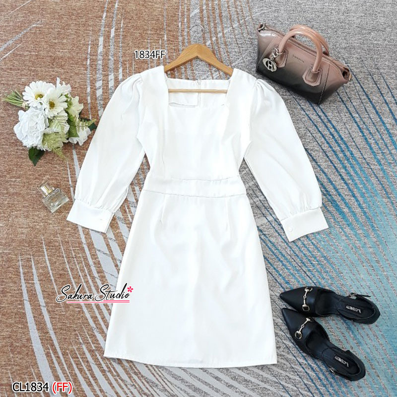 kudapy เดรสสั้น แขนยาว คอเหลี่ยม งานผ้าซาร่าอย่างดี มีซิปซ่อนหลัง เอวไม่สม็อค