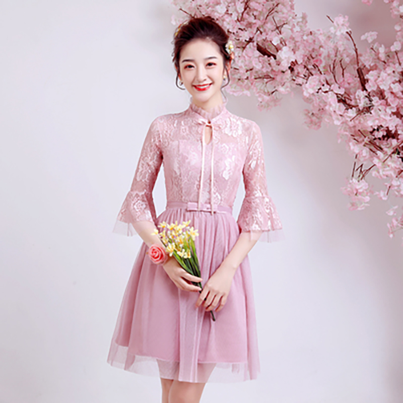 kudapy เดรสสั้นสีเทา/สีแดง/สีชมพู/สีส้ม/สีขาว ราตรีออกงานสั้นซีทรู ทรงเหมือนคอจีน