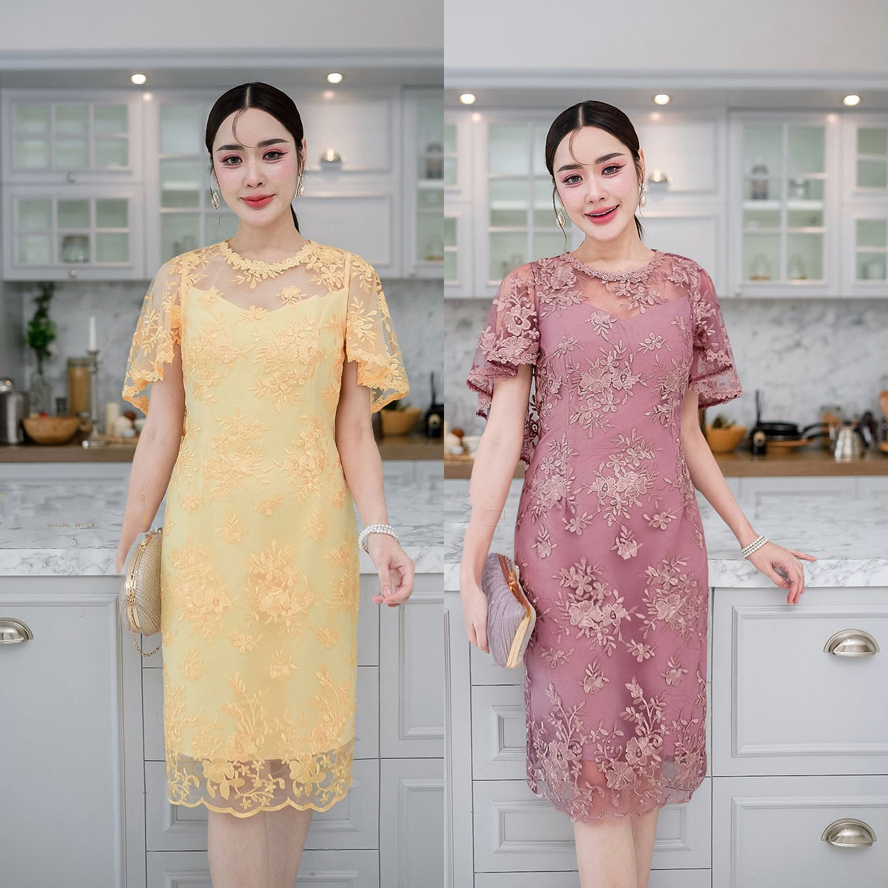 kudapy เดรสสั้นสีเหลืองนวล/สีกะปิ ผ้าลูกไม้บุหงา พื้นผ้าลูกไม้เป็นผ้าตาข่าย ปักลายสวย