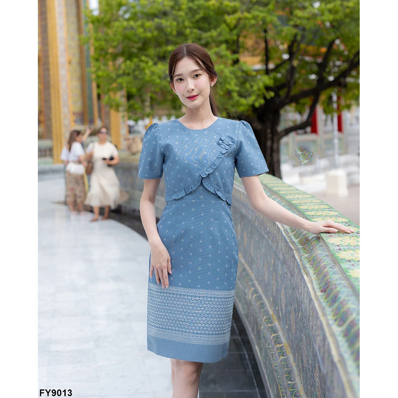 kudapy เดรสสั้นสีฟ้า ผ้าไทยวันแม่เข้ารูป ใส่ออกงาน ใส่ทำงานสวยดูดี