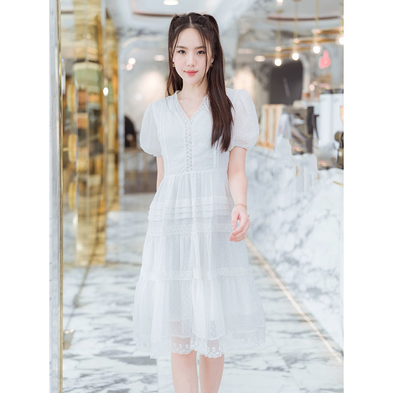 kudapy เดรสสั้นสีชมพู,ขาว,กรม เกาหลีแต่งลูกไม้สวยดูดี