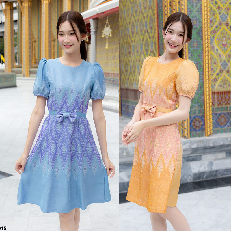 kudapy เดรสสั้นสีฟ้า/สีส้ม ผ้าทอทรงบ้านโบว์หน้า ลายไทย ใส่ออกงาน สวยดูดี